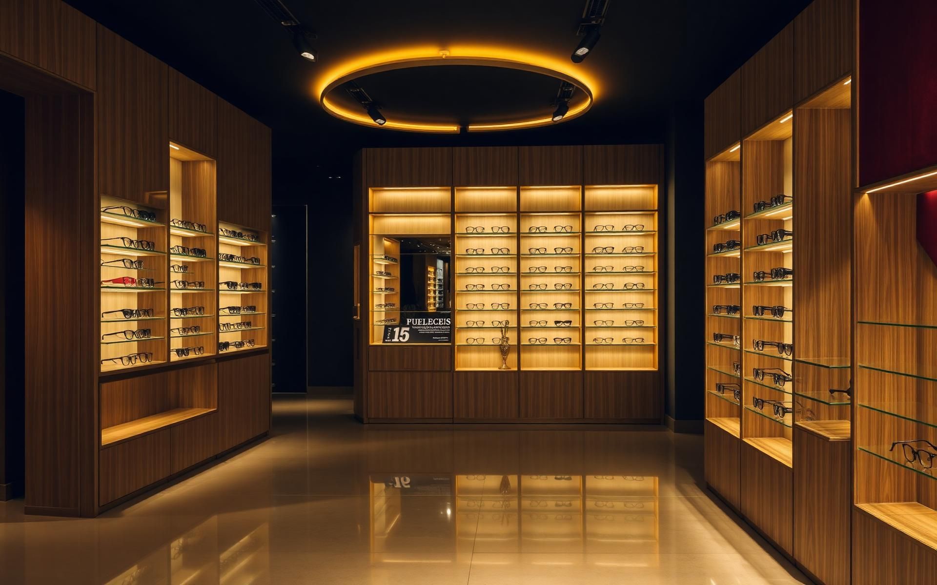 Interior da boutique da Óptica Exclusive, com expositores iluminados de armações